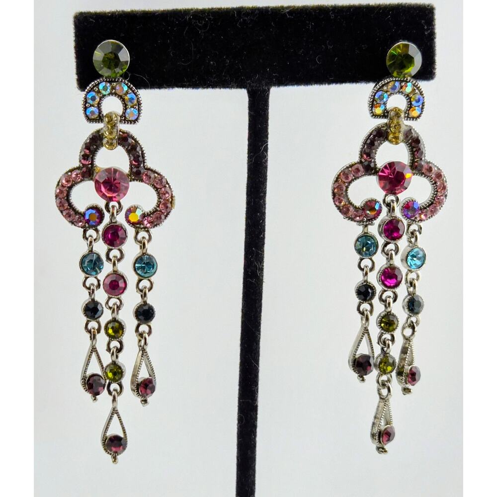 Vintage Rhinestone Chandelier Earrings AB Pink Blue Green Silver Tone